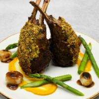 Colorado Lamb Rack · Pistachio and herb crust, toffee carrot puree, sweet and sour pearl onions, asparagus tips, ...