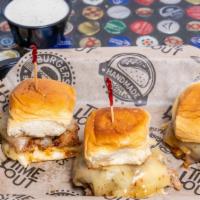 Pork Belly Sliders · 3 sliders on Hawaiian rolls, topped with cheddar cheese, caramelized onions, mustard, and di...