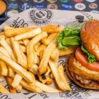 Chipotle Burger · Single burger, Monterrey jack cheese, large onion ring, tomato, green leaf lettuce, and chip...