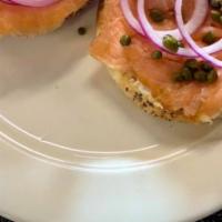 Lox Bagel · Lox, cream cheese, red onions and capers.