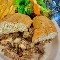 Philly Cheese Sandwich · Grilled black Angus bistro with grilled onions, mushrooms and provolone on a French roll wit...