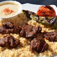 Beef Steak Kebab Plate · * Served with Rice, Hummus, Tomato, Served Anaheim Pepper & Pita Bread.