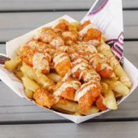Buffalo Fries Small · All natural hand breaded, diced chicken breast, sauced your way, and drizzled with our signa...