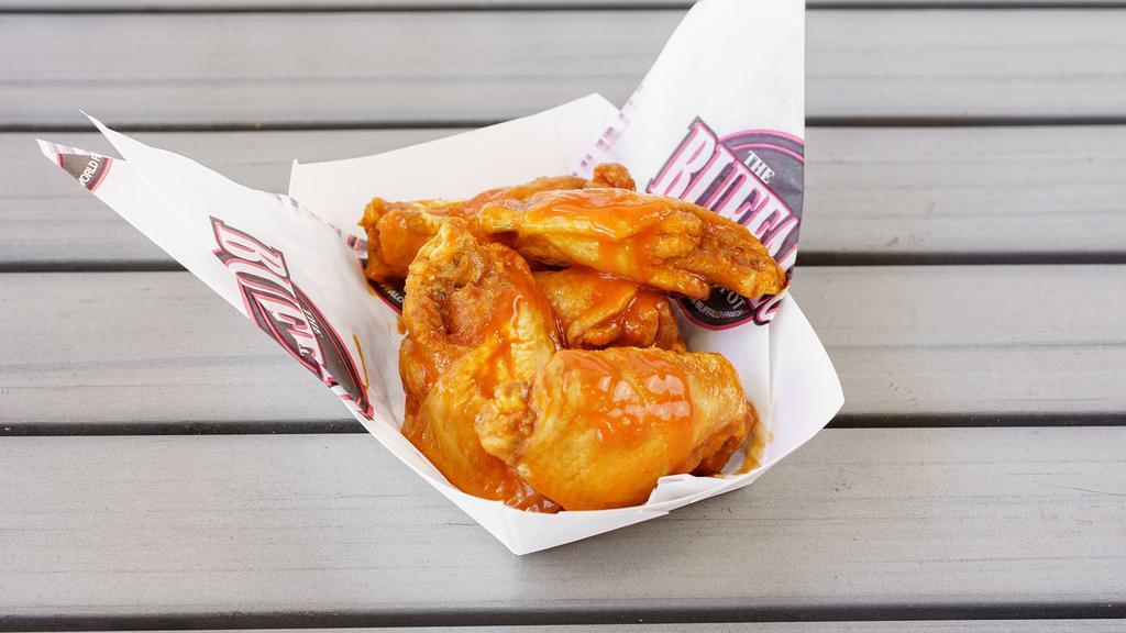 5 Piece Traditional Wings · 5 piece Traditional Wings, sauced your way.  Our traditional wings are made fresh so it takes a bit longer (est. 20 minutes.) Comes with one sauce and one dressing.