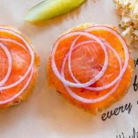 Bagel And Lox, Cream Cheese* · *Only available after 10 am. Served with cream cheese, capers and onions. Comes with choice ...