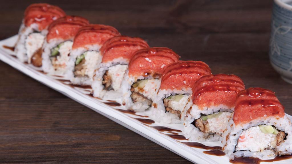 Red Dragon Roll · INSIDE: Unagi, Crabmeat, Cucumber 
OUTSIDE: Spicy Tuna