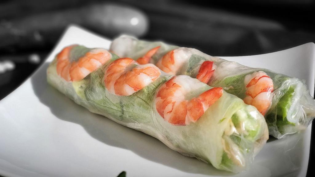 Gỏi Cuốn Tôm Thịt - 2 Fresh Spring Rolls · Boiled shrimp and pork loin, lettuce, mint leaves, bean sprouts, vermicelli noodle, wrapped in rice paper and served with prepared peanut sauce and pickled carrot and daikon.
Option: Tofu substituted for vegetarian.