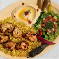 Shish Taouk (Chicken) · with Rice, hummus, salad