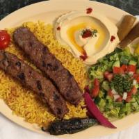 Beef Kabob · with Rice, hummus, salad