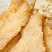Mini Fried Fish Plate · The plate includes 1 scoop of rice and 1 scoop of macaroni salad.