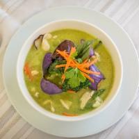Green Curry · Coconut milk, bamboo, eggplant, sweet basil and bell pepper in green curry paste