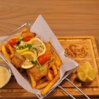 Fish & Chips · Beer battered cod and garlic caper rémoulade.