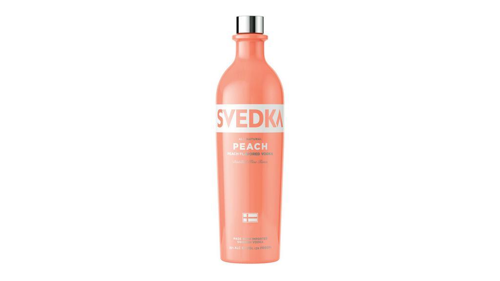 Svedka Vodka Peach (750 Ml) · SVEDKA Peach Flavored Vodka is a smooth and easy-drinking vodka with natural peach flavor, making it an ideal addition to countless vodka cocktails. Made with the finest spring water and winter wheat, this deliciously fruity vodka blend is distilled five times to remove impurities, resulting in a clean, clear taste with a balanced body and a subtle, rounded sweetness. A silky-smooth texture and clean, mouthwatering acidity make this SVEDKA vodka delicious on the rocks or in peach vodka drinks. Experience the warm and fuzzy peach flavor of this fruity vodka mixed into sweet cocktails, like the signature MAKE ME BLUSH vodka martini or a Tropical Peach Freeze vodka drink, or chill this 750 mL bottle of distilled vodka for enjoying in a vodka on the rocks, savoring the crisp finish. BRING YOUR OWN SPIRIT.¬Æ ENJOY RESPONSIBLY. ¬©2021 Spirits Marque One, San Francisco, CA. Flavored Vodka 35% alc/ vol
