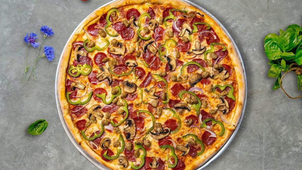 Superb Combination · The Classic Combination. Pepperoni, Italian sausage, salami, beef, mushrooms, black olives, bell peppers and onion on our classic red sauce.