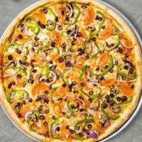 Superb Vegetarian · Loads of mushrooms, black olives, bell peppers, onions and sliced fresh tomatoes on classic ...