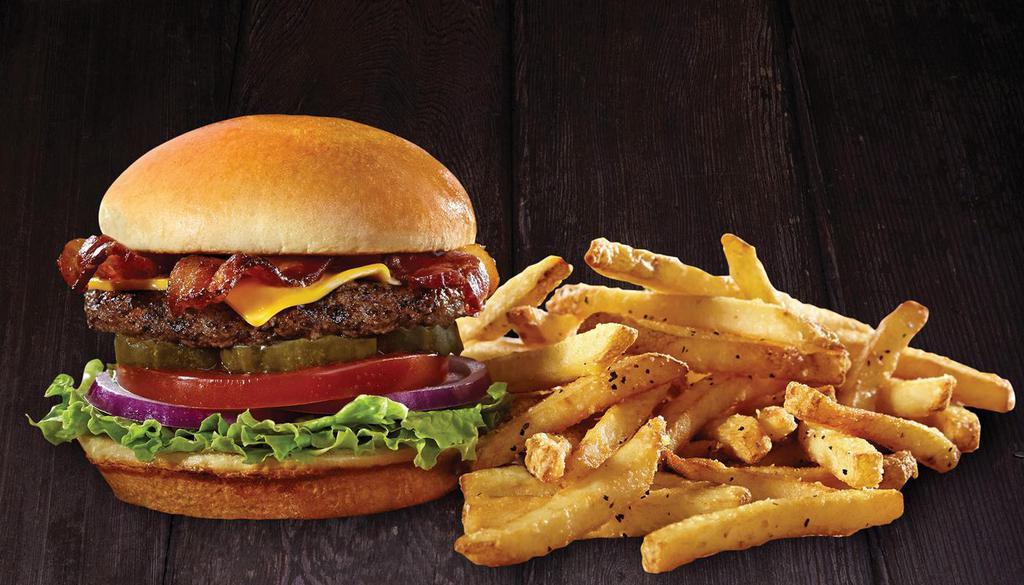 Mega Bacon Burger · 1/2lb all-beef patty topped with cheddar cheese and bacon. Served with fries.