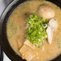 Daikoku Ramen · Pork broth soup, soy sauce base, noodle, half boiled egg, sliced roast pork, bean sprout, gr...