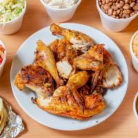 8 Pc Chicken · Whole chicken: 2 breast, 2 wings thigh legs served with two sides, salsa, handmade tortillas