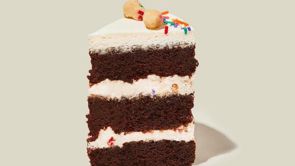 Chocolate Birthday Cake Slice · The classic Birthday Cake, but make it chocolate. Decadent chocolate cake plus chocolate chips, layered with creamy Birthday frosting, crunchy Birthday crumbs, and rainbow sprinkles.