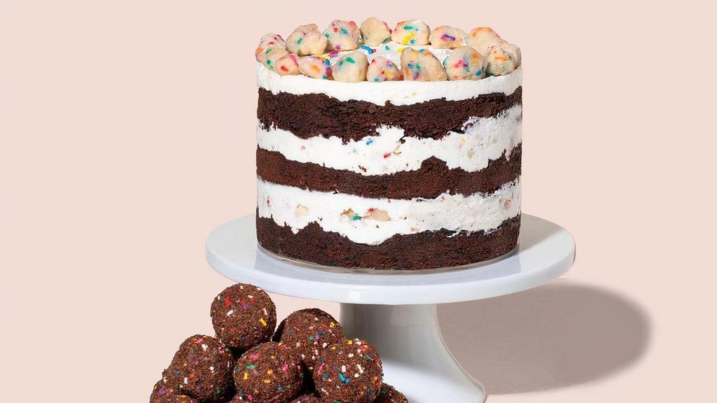 The Chocolatey Classic · Classic, but make it chocolate: one 6” Chocolate Birthday Cake, plus a dozen Chocolate B’day Cake Truffles!