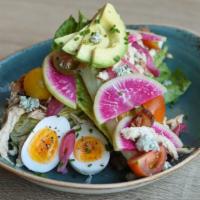 Cobb Wedge · Pulled chicken, bacon, avocado, pickled red onions, medium-boiled egg, toybox tomatoes, shav...