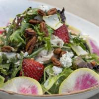 'Strawberry Fields' Green Salad · Field greens, arugula, strawberries, candied pecans, blue cheese crumbles, watermelon radish...