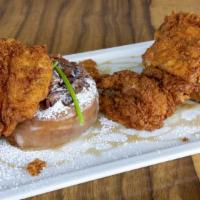 Fried Chicken & Doughnuts · Buttermilk fried chicken, maple bacon doughnuts, maple syrup
