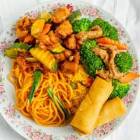 Combo Meal C · Fried Rice and Chow Mein plus 3  items variety items (orange chicken, broccoli beef, spicy c...