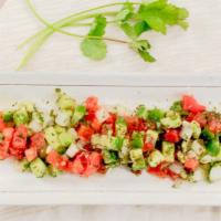 Persian Salad (Shirazi) · Combination of fresh chopped cucumbers, tomatoes, parsley, onion, and our house dressing (ol...