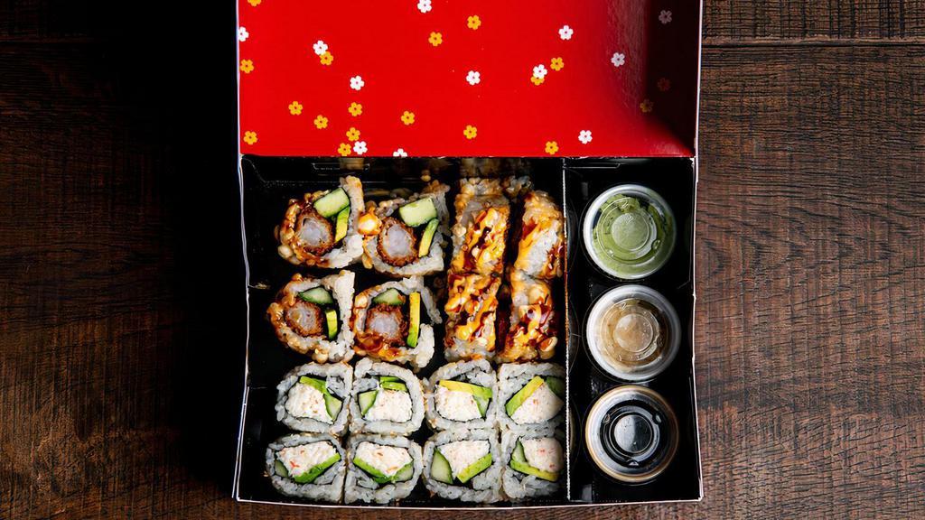 Sushi Roll Set · 1x Shrimp Crunch Roll (8 pc) 1x California Roll (8 pc).