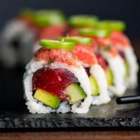 Double Tuna Roll-8 Pc · Tuna, avocado, cucumber, sesame seeds, sushi rice, nori, topped with spicy tuna and serrano.