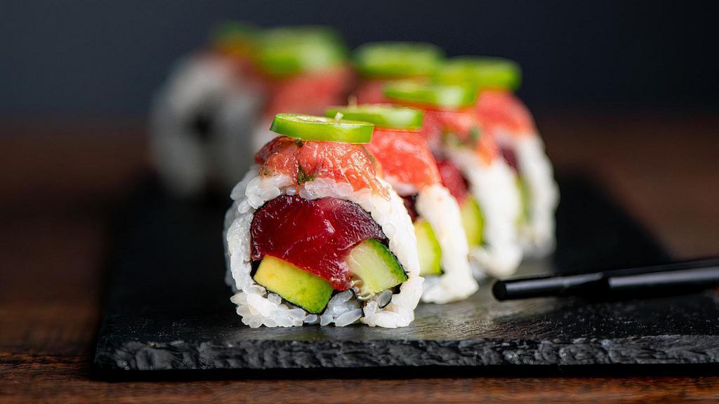 Double Tuna Roll-8 Pc · Tuna, avocado, cucumber, sesame seeds, sushi rice, nori, topped with spicy tuna and serrano.