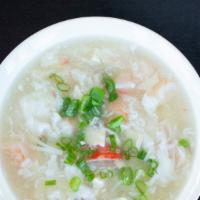 Seafood & Soft Tofu Soup · Shrimp with soft tofu, imitation crab meat, and egg white. Topped with scallions.
