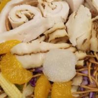 Chinese Chicken Salad · Mixed Greens, Chicken, Mandarin Oranges, Crunchy Chow Mein Noodles, Water Chestnuts, Sliced ...