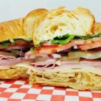 Ham On Fire · Black Forest Ham, Swiss Cheese, Lettuce, Red Onion, Tomatoes, Pepperoncinis, and Pickles wit...