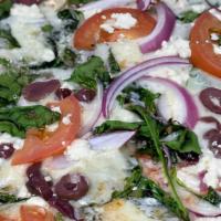 The Greek  · Red sauce topped with mozzarella, Feta, kalamata olives, red onions, tomato + spinach