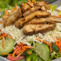 Garden Salad With Mozzarella & Grilled Chicken (Large) · Romaine Lettuce, Cucumbers, Tomatoes, Red Onions, Peppers, Carrots, Mozzarella Cheese  toppe...