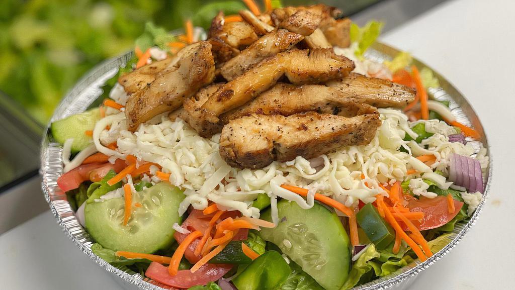 Garden Salad With Mozzarella & Grilled Chicken (Large) · Romaine Lettuce, Cucumbers, Tomatoes, Red Onions, Peppers, Carrots, Mozzarella Cheese  topped with Chicken Cutlet.
