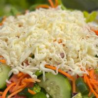 Garden Salad With Mozzarella Cheese (Large) · Chopped Romaine lettuce, Tomatoes, Cucumbers, Red Onions,  Carrots topped with shredded Mozz...