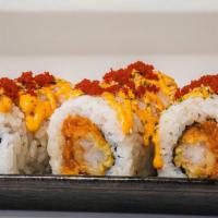 Spicy Tempura Roll · Inside: Tempura Shrimp, Spicy Tuna.    On Top: Habanero Masago, Furikake.    Sauce: Spicy Mayo
