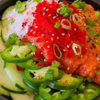 Spicy Tuna Bowl · Spicy tuna, masago, crab salad, jalapenos, cucumbers, seaweed mix, yellow and green onions, ...