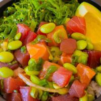 Poke Fix Bowl · Ahi Tuna (2 scoops), Salmon, edamame beans, wakame, avocado, green onions, yellow onions, dr...