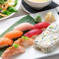 Sushi Family Value Meal · Miso soup (2), garden salad (2), edamame appetizer, California roll (1), spicy yellowtail ro...