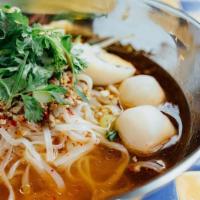 ‘Tom Yum’ Rice Noodle Soup (Signature Dish) · Shrimp, ground pork, fish ball, fish cake, dried chili, and lime juice.