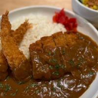 Surf & Turf · Choose karaage chicken or pork cutlet two pieces fried shrimp curry sauce, rice, pickled rad...