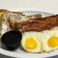 French Toast Special · Served with two eggs and two bacon.