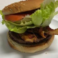 Bacon Double Cheeseburger · 2 beef patties with american cheese and bacon. Lettuce, tomato, pickle, onion and thousand i...