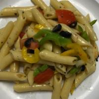 Pasta Salad · Italian pasta salad with tomatoes, olives,
bell peppers,red onion, cubed mozzarella and parm...