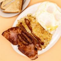 Combo Breakfast · Ham steak, bacon, and sausage. Comes with 3 eggs, choice of breakfast potatoes, and toast.