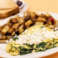 Spinach & Feta Cheese Omelette · Eggs, fresh spinach, and feta cheese. Comes with your choice of breakfast potatoes and toast.